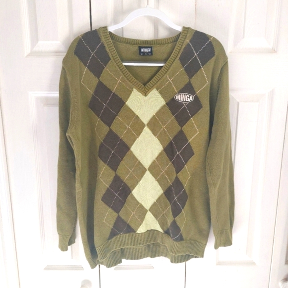 Minga London  M v neck, long sleeve argyle cotton sweater green